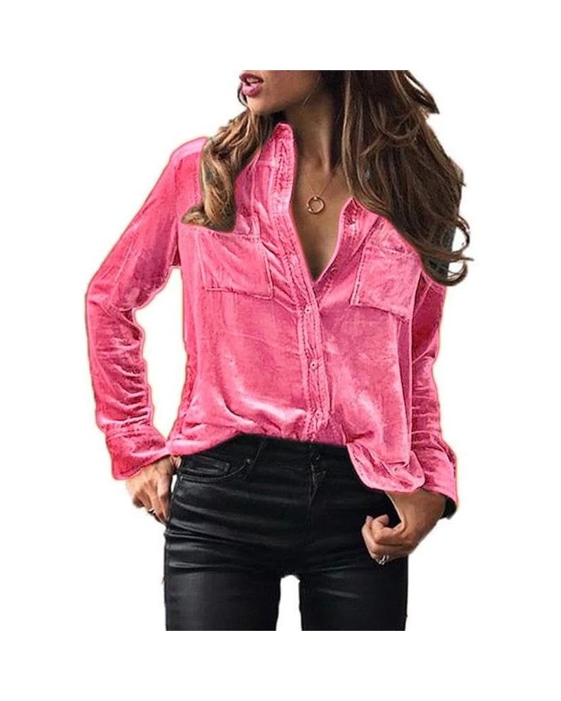 Womens Vintage Velvet Top Winter Fall Casual Long Sleeve Button Down Shirts Blouses with Pockets Pink 16 $13.02 Blouses