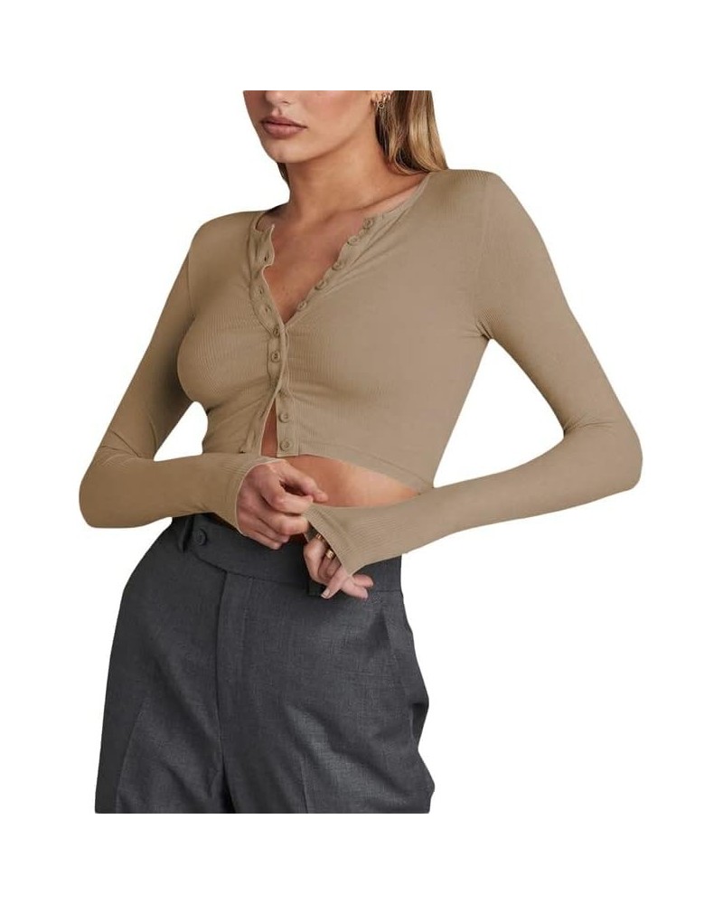 Long Sleeve Button Down Crop Top for Women V Neck Ribbed Slim Fitted Y2K Casual T-Shirt Tops B1- Apricot Color $10.19 T-Shirts