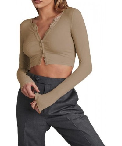 Long Sleeve Button Down Crop Top for Women V Neck Ribbed Slim Fitted Y2K Casual T-Shirt Tops B1- Apricot Color $10.19 T-Shirts