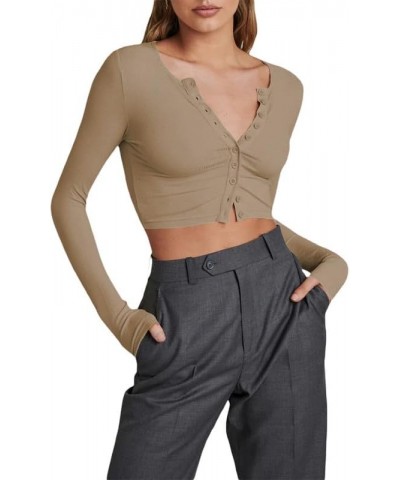 Long Sleeve Button Down Crop Top for Women V Neck Ribbed Slim Fitted Y2K Casual T-Shirt Tops B1- Apricot Color $10.19 T-Shirts