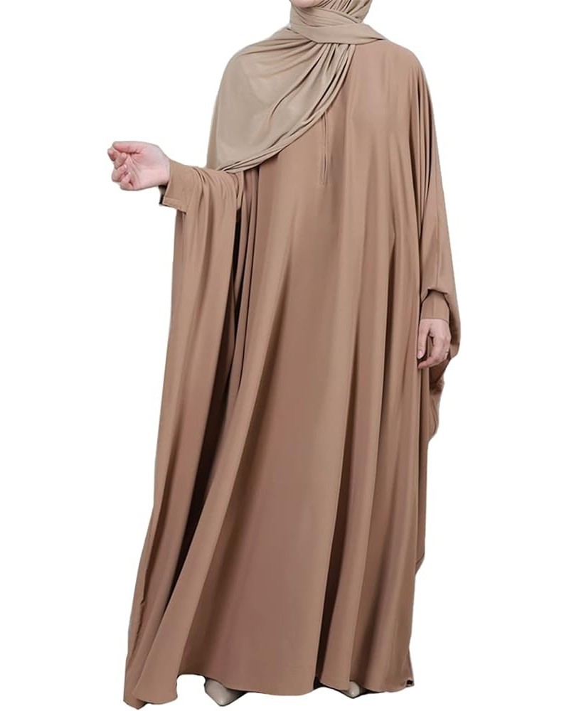 Women Muslim One-piece Loose Crewneck Long Dress One-size Overall Plus Thobe with Zipper Khaki $27.25 Dresses