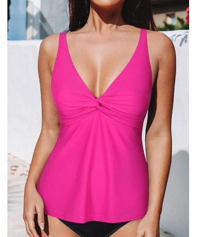 Women's Underwire Tankini Top Only Twist V Neck Swimsuits Flowy Loose Fit Bathing Suit Tops Hot Pink $16.80 Swimsuits