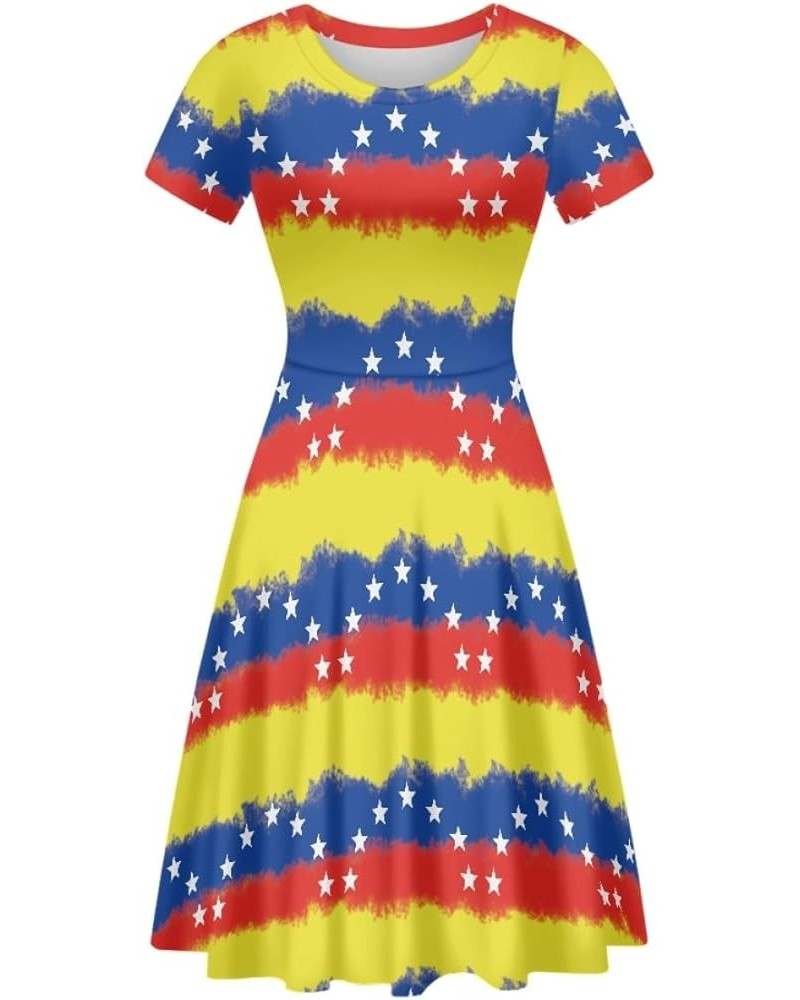 Women Summer Casual Colorful Splash Oil Paint Print Short Sleeve Midi Dresses S-4XL Venezuela Flag $14.55 Dresses