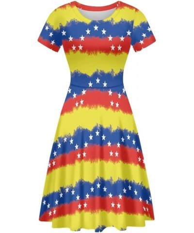 Women Summer Casual Colorful Splash Oil Paint Print Short Sleeve Midi Dresses S-4XL Venezuela Flag $14.55 Dresses