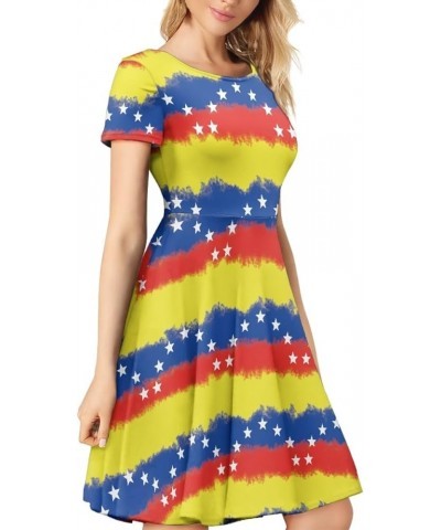 Women Summer Casual Colorful Splash Oil Paint Print Short Sleeve Midi Dresses S-4XL Venezuela Flag $14.55 Dresses