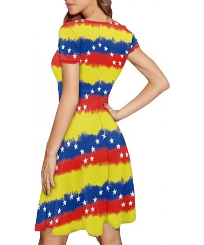 Women Summer Casual Colorful Splash Oil Paint Print Short Sleeve Midi Dresses S-4XL Venezuela Flag $14.55 Dresses