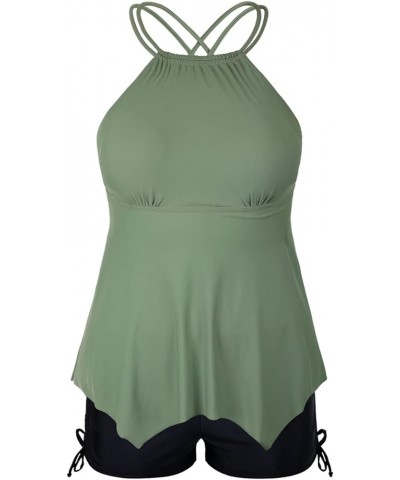 Plus Size Tankini Swimsuits for Women Flowy High Neck Bathing Suit Top with Shorts Cross Back 2 Piece Swimwear Army Green $18...