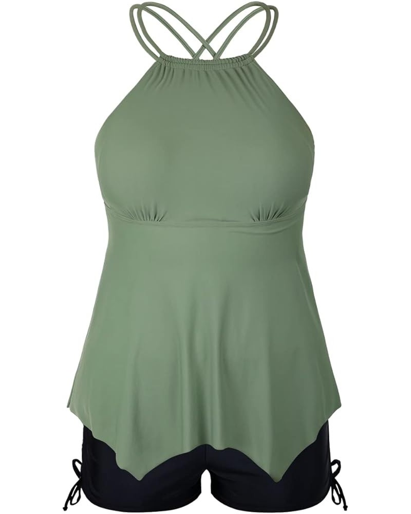 Plus Size Tankini Swimsuits for Women Flowy High Neck Bathing Suit Top with Shorts Cross Back 2 Piece Swimwear Army Green $18...