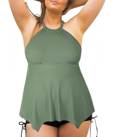 Plus Size Tankini Swimsuits for Women Flowy High Neck Bathing Suit Top with Shorts Cross Back 2 Piece Swimwear Army Green $18...