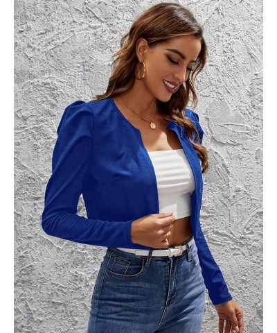 Women's Open Front Puff Long Sleeve Crop Blazer Jacket Lightweight Outerwear Plain Blue $11.28 Blazers