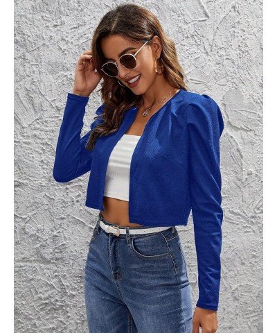 Women's Open Front Puff Long Sleeve Crop Blazer Jacket Lightweight Outerwear Plain Blue $11.28 Blazers