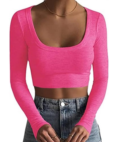 Long Sleeve Crop Tops for Women Y2k Cute Ribbed Going Out Top Basic Square Neck Fitted Tee Shirt Fall Pink $11.99 Tops