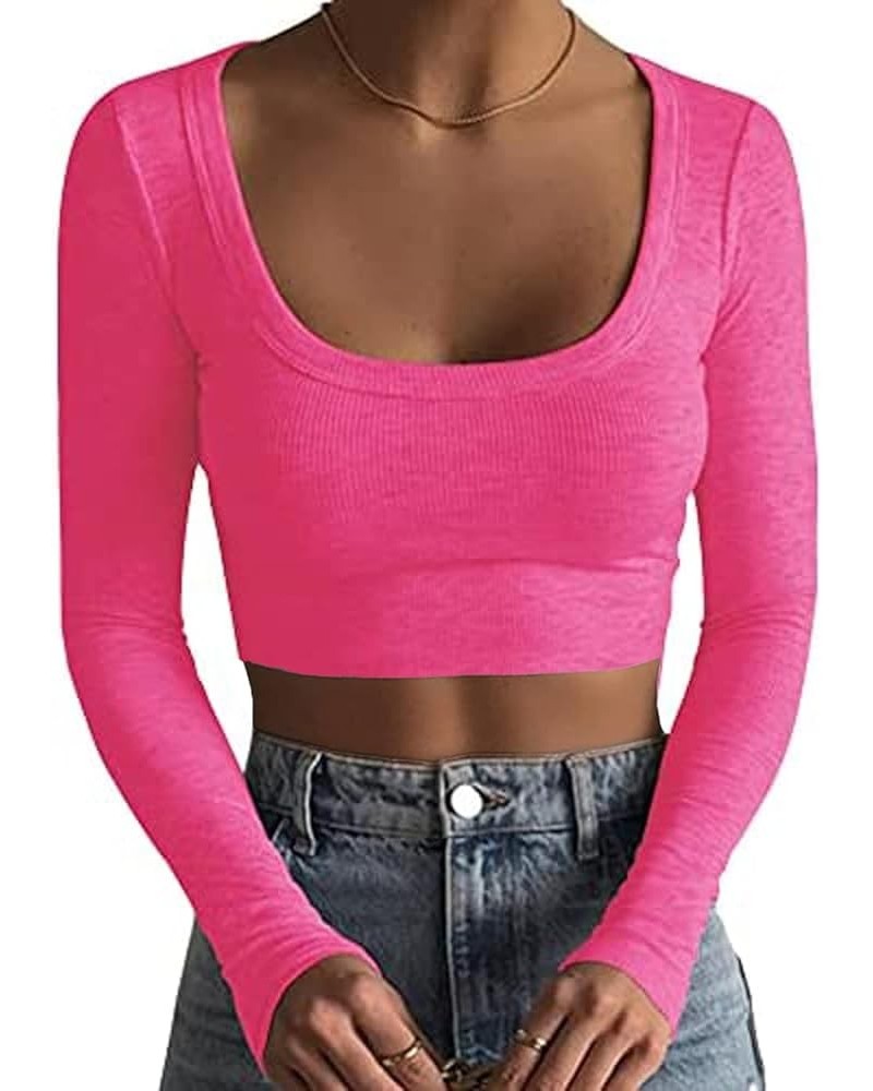 Long Sleeve Crop Tops for Women Y2k Cute Ribbed Going Out Top Basic Square Neck Fitted Tee Shirt Fall Pink $11.99 Tops