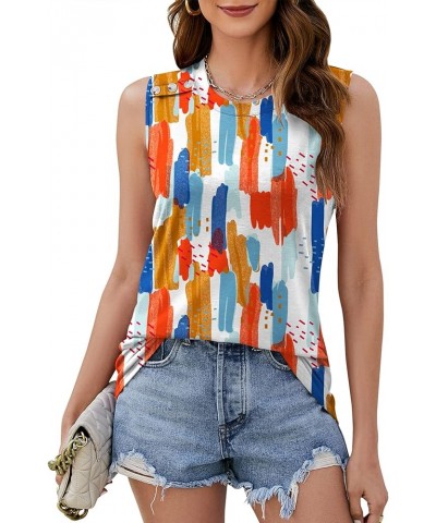 Women Casual Tank Tops Loose Fit Crew Neck Sleeveless Blouses Shirts Summer Flowy Tunic Button Design Colorful Print $11.25 T...