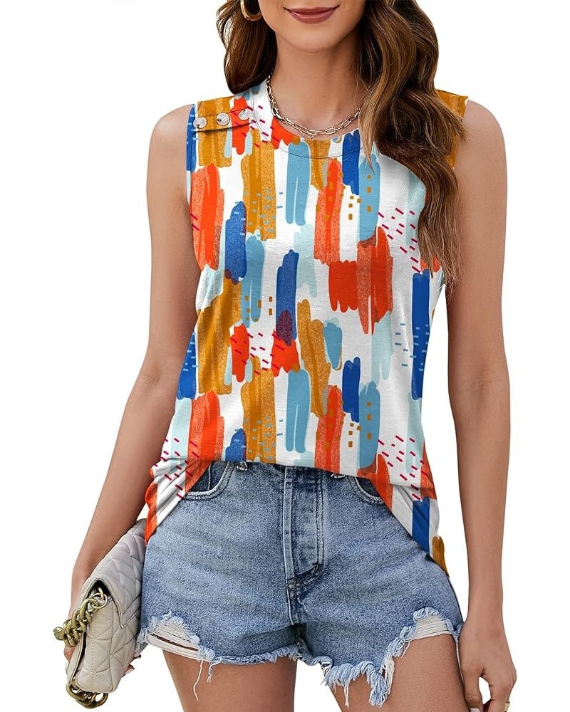 Women Casual Tank Tops Loose Fit Crew Neck Sleeveless Blouses Shirts Summer Flowy Tunic Button Design Colorful Print $11.25 T...