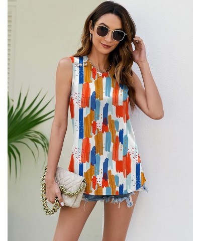 Women Casual Tank Tops Loose Fit Crew Neck Sleeveless Blouses Shirts Summer Flowy Tunic Button Design Colorful Print $11.25 T...