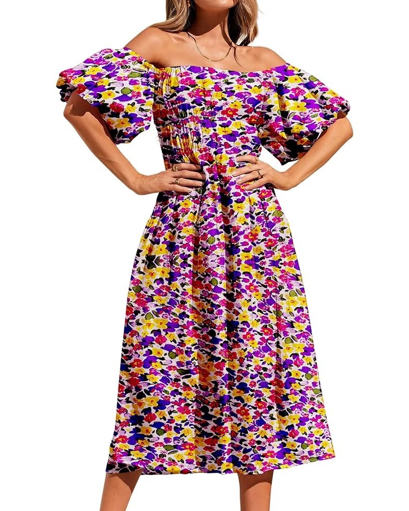 Women's 2024 Boho Off Shoulder Dress Puff Short Sleeves Flowy A Line Beach Party Midi Dresses Floral Purple White $14.57 Dresses