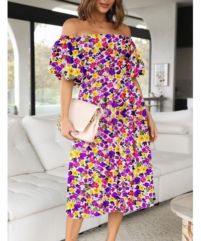 Women's 2024 Boho Off Shoulder Dress Puff Short Sleeves Flowy A Line Beach Party Midi Dresses Floral Purple White $14.57 Dresses