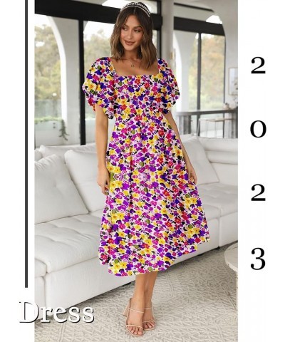 Women's 2024 Boho Off Shoulder Dress Puff Short Sleeves Flowy A Line Beach Party Midi Dresses Floral Purple White $14.57 Dresses