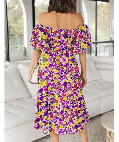 Women's 2024 Boho Off Shoulder Dress Puff Short Sleeves Flowy A Line Beach Party Midi Dresses Floral Purple White $14.57 Dresses