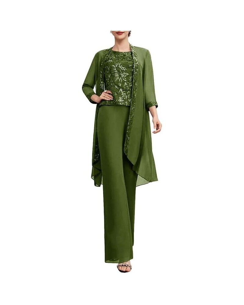 Women's 3 Pieces Mother of The Bride Pant Suits Chiffon Lace Formal Outfit Dressy Grandmother of The Groom Jumpsuits Olive $3...