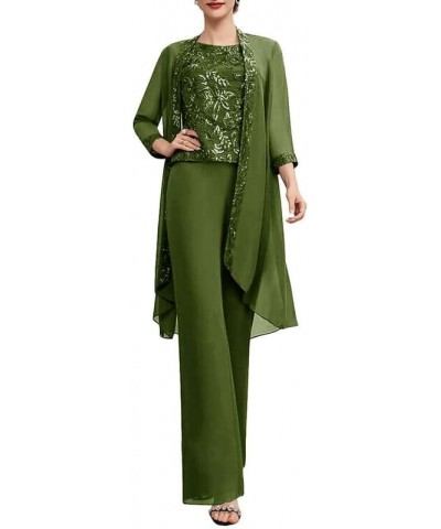 Women's 3 Pieces Mother of The Bride Pant Suits Chiffon Lace Formal Outfit Dressy Grandmother of The Groom Jumpsuits Olive $3...