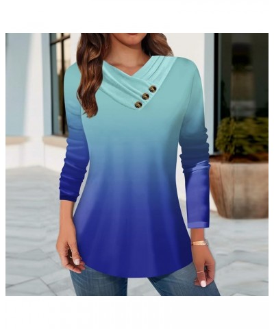 Women Long Sleeve Shirts Casual Buttons Neck Tunic Tops Loose Dressy Blouses Fashion Vintage Graphic Tees Fall Clothes B Blue...