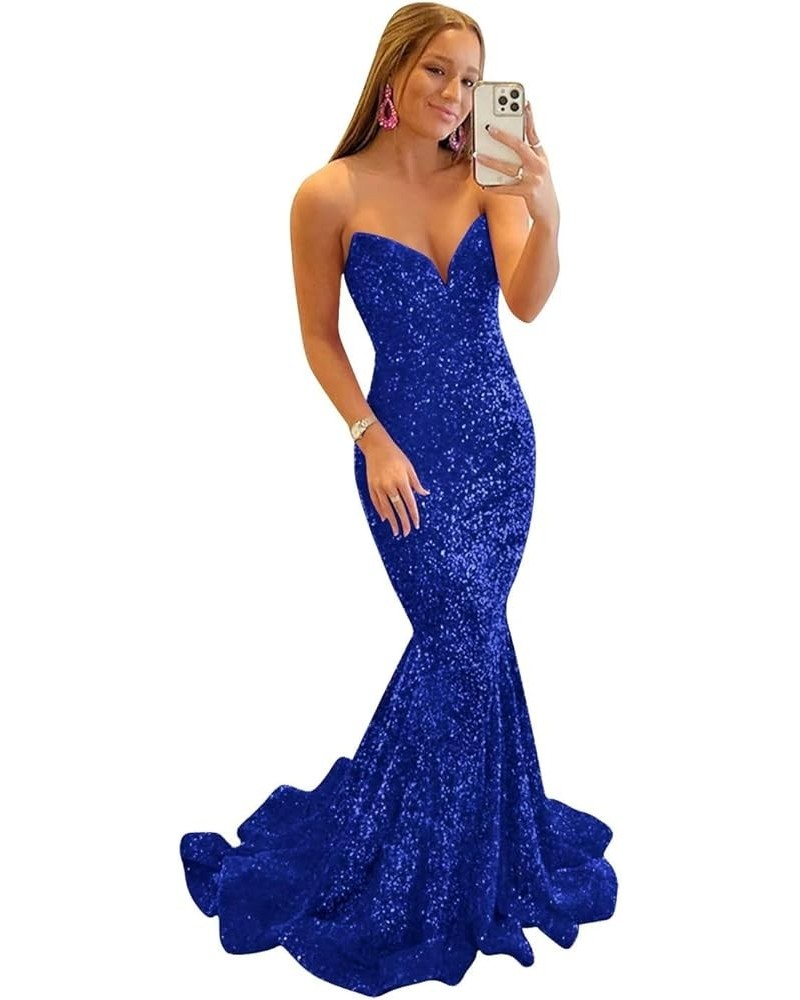 Sequin Prom Dresses 2024 Long Sparkly Mermaid Strapless V Neck Formal Evening Party Gowns Ruched Homecoming Dress Royal Blue ...