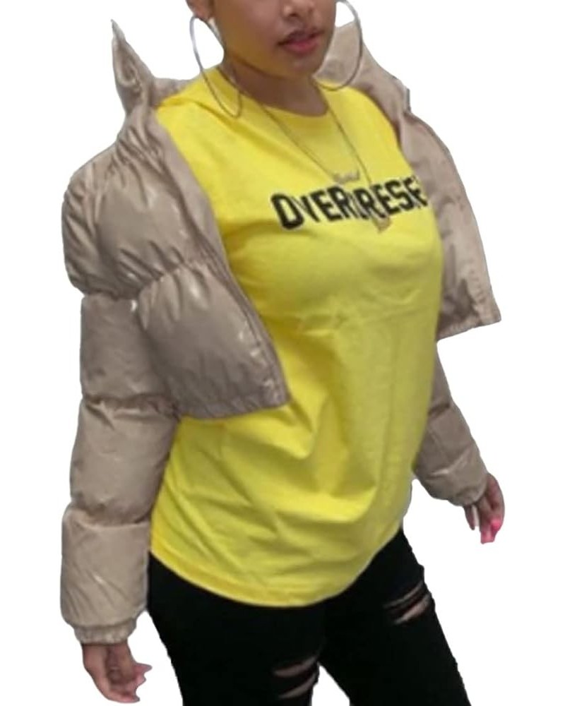 Womens Winter Metallic Crop Short Puffer Cotton-Padded Bubble Jackets Khaki $23.80 Jackets