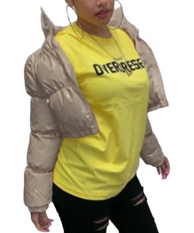 Womens Winter Metallic Crop Short Puffer Cotton-Padded Bubble Jackets Khaki $23.80 Jackets