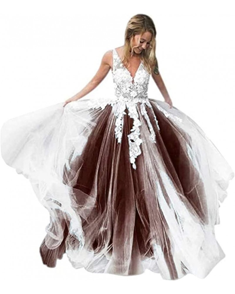 Women's V-Neck Tulle Appliques Long Evening Dresses Bridal Wedding Dress Chocolates $41.80 Dresses