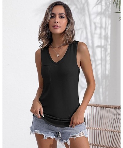 2 Pcs Women's Sleeveless Tank Tops, V Neck Shirts Loose Fit Racerback Tee Casual Summer Tunic Tank Tops with Pocket Black, Wh...