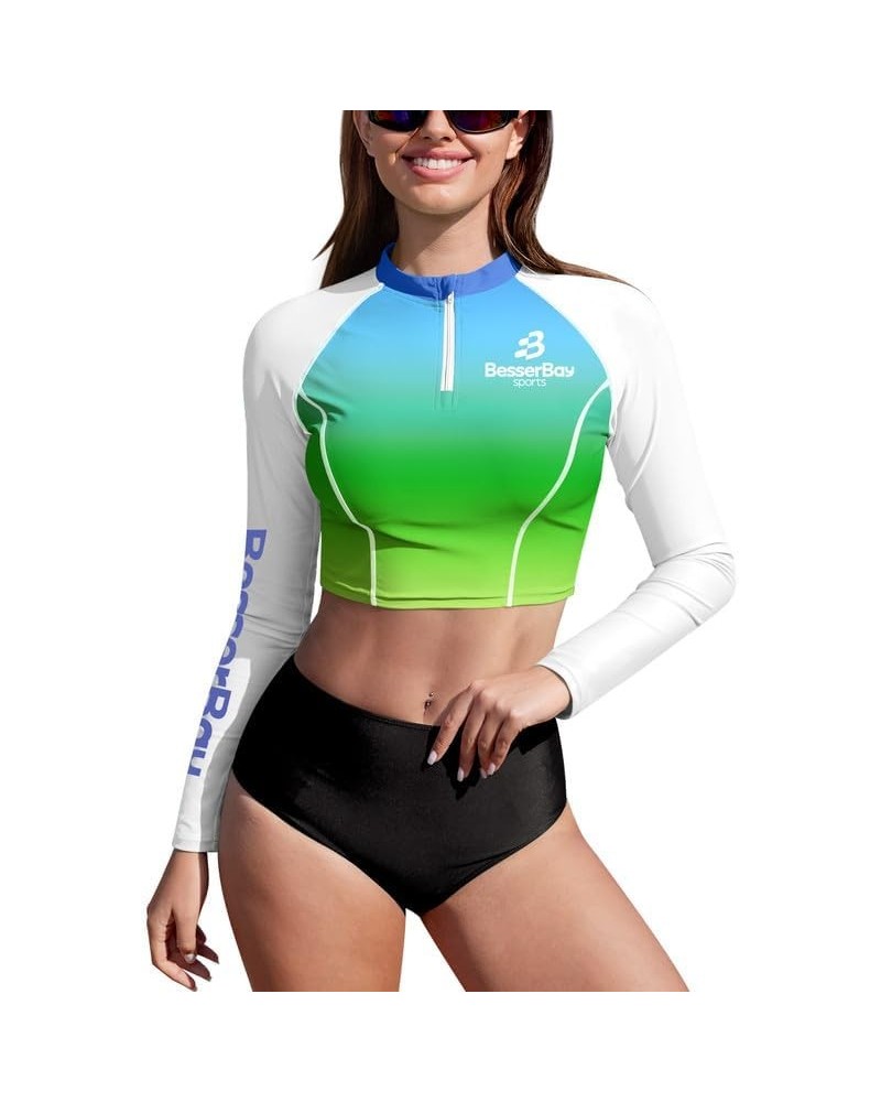 Women's UPF 50+ Long Sleeve Zip Front Rashguard Shirt Swim Crop Top Blue & Green | Gradient $17.27 Swimsuits