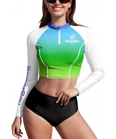 Women's UPF 50+ Long Sleeve Zip Front Rashguard Shirt Swim Crop Top Blue & Green | Gradient $17.27 Swimsuits