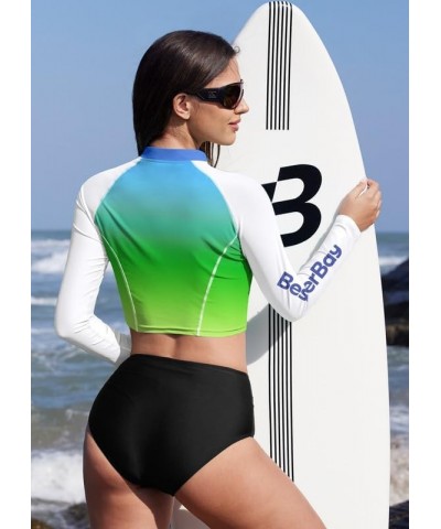 Women's UPF 50+ Long Sleeve Zip Front Rashguard Shirt Swim Crop Top Blue & Green | Gradient $17.27 Swimsuits