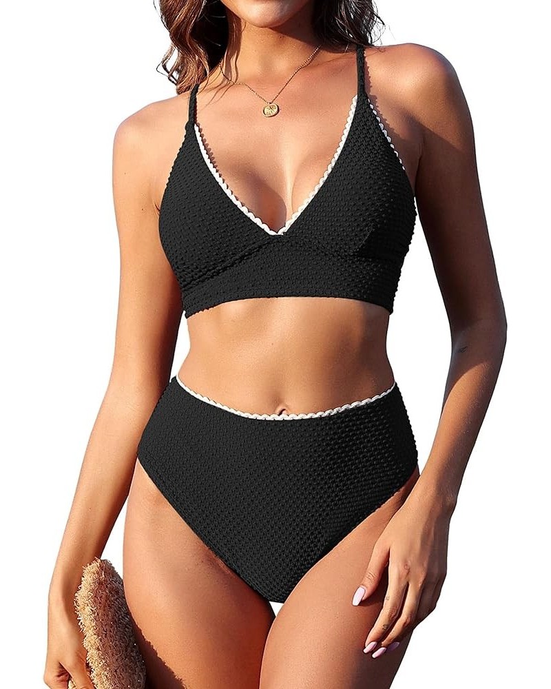 Women V Neck Bikini Set High Waisted Swimsuits Textured Cross Back Cheeky 2 Piece Bathing Suit Swimsuits Black $15.68 Swimsuits