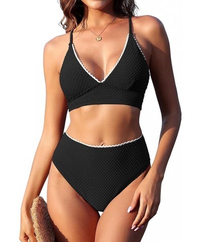 Women V Neck Bikini Set High Waisted Swimsuits Textured Cross Back Cheeky 2 Piece Bathing Suit Swimsuits Black $15.68 Swimsuits