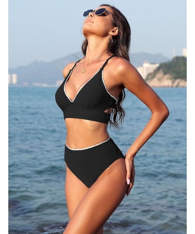 Women V Neck Bikini Set High Waisted Swimsuits Textured Cross Back Cheeky 2 Piece Bathing Suit Swimsuits Black $15.68 Swimsuits