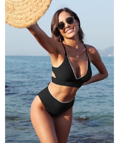 Women V Neck Bikini Set High Waisted Swimsuits Textured Cross Back Cheeky 2 Piece Bathing Suit Swimsuits Black $15.68 Swimsuits