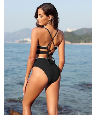 Women V Neck Bikini Set High Waisted Swimsuits Textured Cross Back Cheeky 2 Piece Bathing Suit Swimsuits Black $15.68 Swimsuits