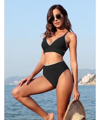 Women V Neck Bikini Set High Waisted Swimsuits Textured Cross Back Cheeky 2 Piece Bathing Suit Swimsuits Black $15.68 Swimsuits