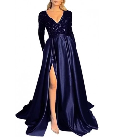 Women's V Neck Long Sleeve Prom Dresses Slit Satin Sequin Ball Gown Formal Evening Gowns with Pockets B-navy Blue $39.74 Dresses