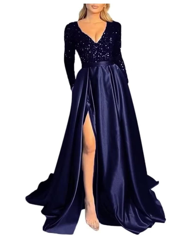 Women's V Neck Long Sleeve Prom Dresses Slit Satin Sequin Ball Gown Formal Evening Gowns with Pockets B-navy Blue $39.74 Dresses