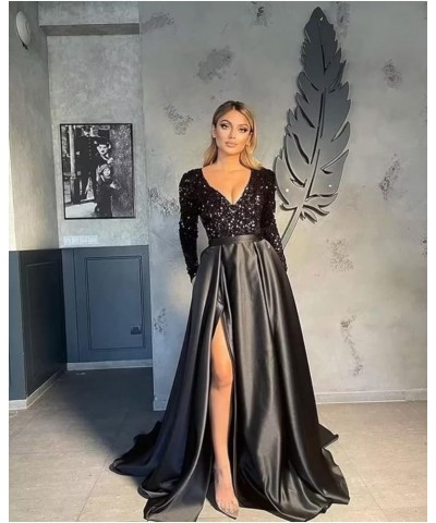 Women's V Neck Long Sleeve Prom Dresses Slit Satin Sequin Ball Gown Formal Evening Gowns with Pockets B-navy Blue $39.74 Dresses