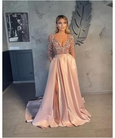 Women's V Neck Long Sleeve Prom Dresses Slit Satin Sequin Ball Gown Formal Evening Gowns with Pockets B-navy Blue $39.74 Dresses