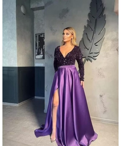 Women's V Neck Long Sleeve Prom Dresses Slit Satin Sequin Ball Gown Formal Evening Gowns with Pockets B-navy Blue $39.74 Dresses