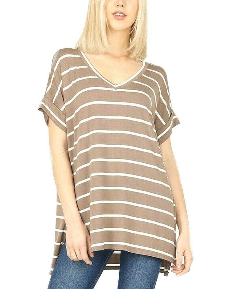 Stripe Rolled Short Sleeve V-Neck TOP Mocha $16.50 T-Shirts