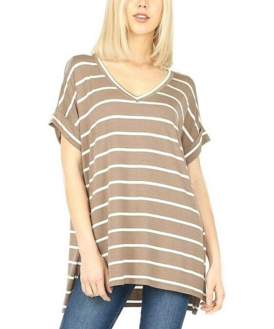 Stripe Rolled Short Sleeve V-Neck TOP Mocha $16.50 T-Shirts