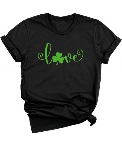 Womens St Patrick's Day Clover Leopard Print T Shirt Shamrock Heart Graphic Tees Get Lucky Shirt Irish Tops Black $6.88 Tops