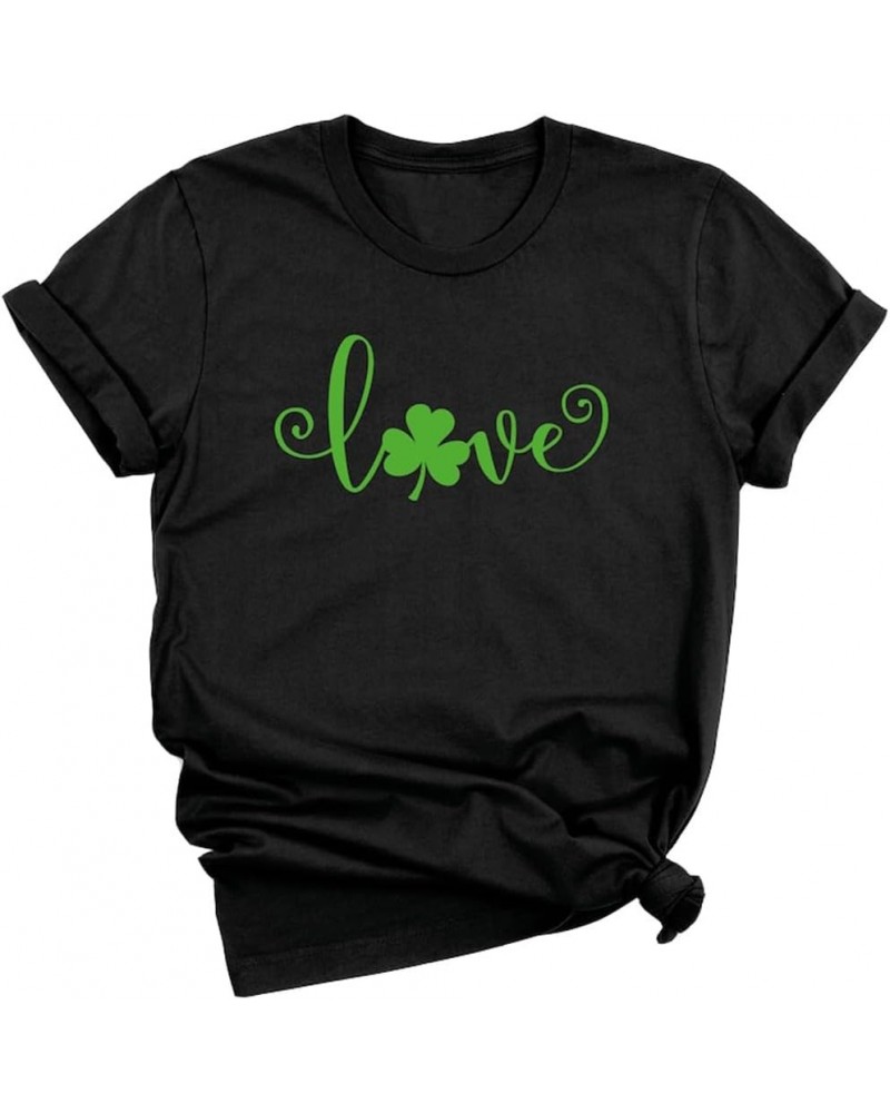 Womens St Patrick's Day Clover Leopard Print T Shirt Shamrock Heart Graphic Tees Get Lucky Shirt Irish Tops Black $6.88 Tops